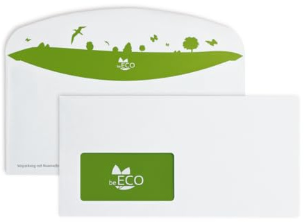 beECO Briefumschläge C6/5 229 x 114 mm (500 Stück), Briefumschläge mit Fenster haftklebend, Briefumschlag aus 100% Recycling Papier, Umschläge für DIN A4 Papier, weiß, 80g/m²