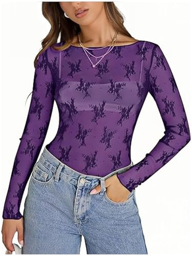 OOHOKAY Top a rete da donna in mesh Sheer Basic Shirt Sexy Camicetta trasparente Top a maniche lunghe trasparente, Viola scuro S1, S
