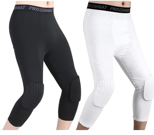 Basketballhose Mit Knieschonern, Herren 3/4 Kompressionshose Schnelltrocknende Laufhose Tights Sport Leggings Atmungsaktiv Funktionsunterhose Tight Hose für Basketball Fitness (Black-White,XXL)