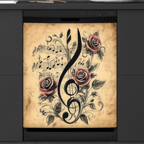 Copertura magnetica per lavastoviglie, decorazione per porta d'ingresso, note musicali, rose, vintage, per frigorifero, foglio adesivo per elettrodomestici da cucina, 58,4 x 66 cm