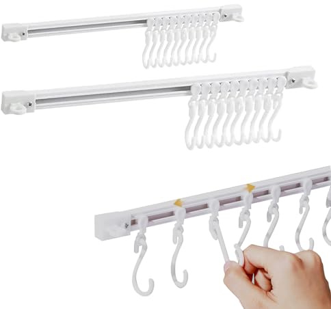 MIUPOO Utility Slide Rail Hook,Under Cabinet Kitchen No Punching Hooks for Hanging Utensil,Bathroom Bedroom Office Wall Door Rack with 10 Hooks,15.7 and 11.8 Inches,2Pieces
