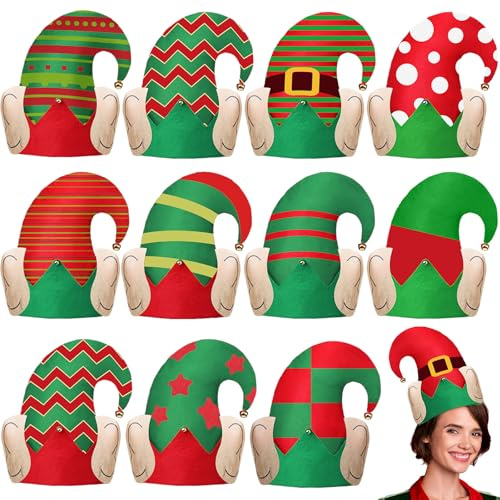 Shyyween 12pcs Christmas Elf Hats with Ears Holiday Elf Santa Hat with Bell Xmas Elves Accessories for Party Decoration