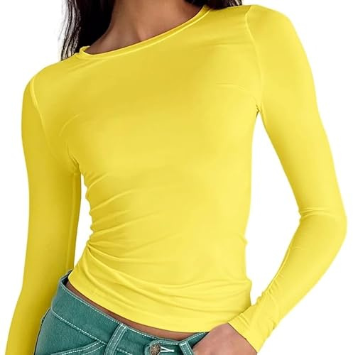 OYIGELZ Women's Basic Long Sleeve Shirt Crew Neck Slim Fit Crop Top Y2K T-Shirt Casual Blouse Tee Tops Streetwear(Yellow-T1,M)