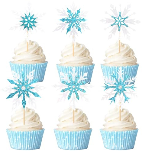 Gleevio Tortendeko Schneeflocken, 24 Stück Glitzer Frozen Muffin Deko, Cake Topper Schneeflocken Blau Weiß, Frozen Cupcake Deko, Tortendeko Winter, Cupcake Topper für Weihnachten Geburtstag Silvester