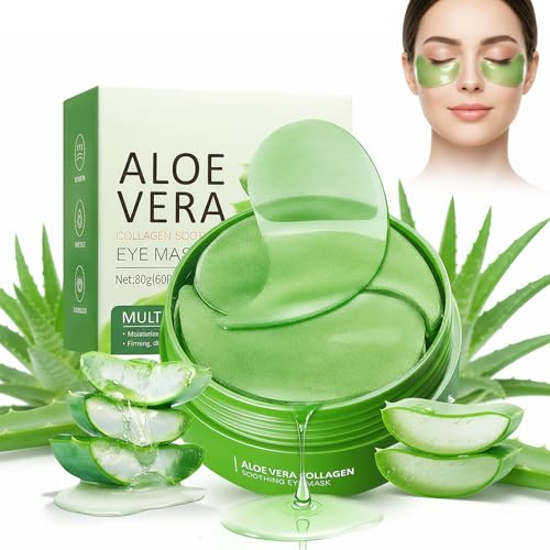 60 Pairs Aloe Vera Under Eye Patches, Collagen Gel Eye Pads for Dark Circles, Puffiness & Wrinkles, Hydrating Cooling Eye Mask for Soothing and Refreshing,Anti-Aging Skincare for Men and Wome,80g