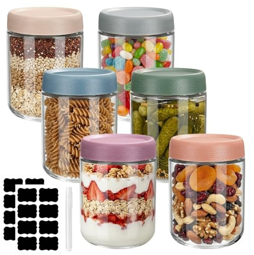 WGIDSKKI 6 Stück Overnight Oats Gläser, 500ML Einmachgläser, Meal Prep Gläsermit Schraubdeckel und Aufkleber und Stift für Joghurt, Hausgemachte Marmelade, Salat, Pudding, Chutney