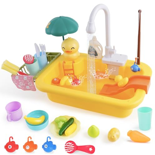 Jouet d'eau d'extérieur pour Enfants, Ensemble évier de Cuisine avec Eau Courante, Comprenant des légumes, des Canards et des Poissons en Plastique, Jouet évier pour Enfants