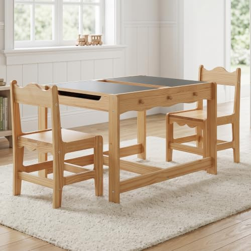 chairus 3 en 1 Table Enfants avec 2 Chaises, Réversible à Double Face avec Tableau Noir, Grand Rangement caché, Crochets latéraux, Coins arrondis, Table pour Dessiner Apprendre Bois Naturel