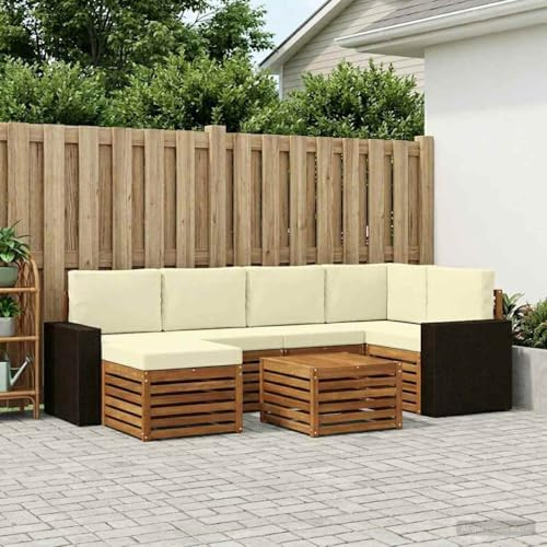 LoogCape Hörnsoffa set med 6 sittdynor och 4 ryggkuddar för trädgård och terrass, väderbeständigt, massivt trä, natur, krämdesign, flexibelt arrangemang, hållbart och lätt att rengöra