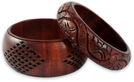 NOVICA Artisan Handmade Wood Bangle Bracelets Artisan Crafted Floral Mango India Aurora Red 'India Romance' (pair)