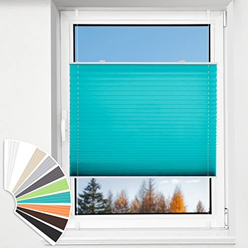 HOMEDEMO Plissee Klemmfix ohne Bohren Jalousien, Türkis, 65x120cm(BxH), Plisseerollo Fensterrollo mit Klemmträger, Faltrollo Klemmrollo Sicht-und Sonnenschutz Rollos für Fenster & Tür
