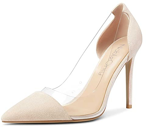 NobleOnly Scarpe col Tacco Donna Trasparente Tacco a Spillo 10CM High Heels Beige Nudo Scamosciato Scarpe EU 38