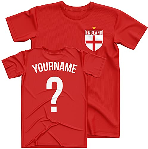 Purple Print House England Shirt Kids - England Badge Custom Name and Number T Shirt - Football Personalised Retro Europe Summer 2025 Footy Gifts for Boy - Unique European Footie Top, 7-8 Years, Red