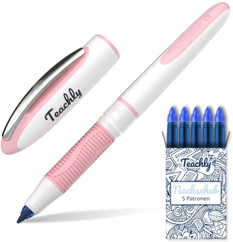 Teachly Superstudent Tintenroller - Nachfüllbarer Stift für Uni, Schule & Büro (Rosé) - Inkl. 7 Tintenpatronen (Blau)