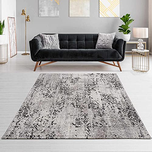 Högkvalitativ designermatta Antea – moderna kortluggmattor – rumsmatta i vintage-design – (133 x 190 cm, ornament svart/beige)