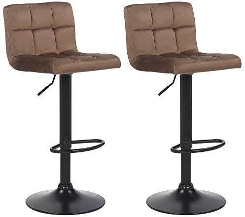 CLP 2er Set Barhocker Feni Samt, höhenverstellbar mit Fußstütze, Lehne & Metallgestell, belastbar bis 150 kg | Farbe braun
