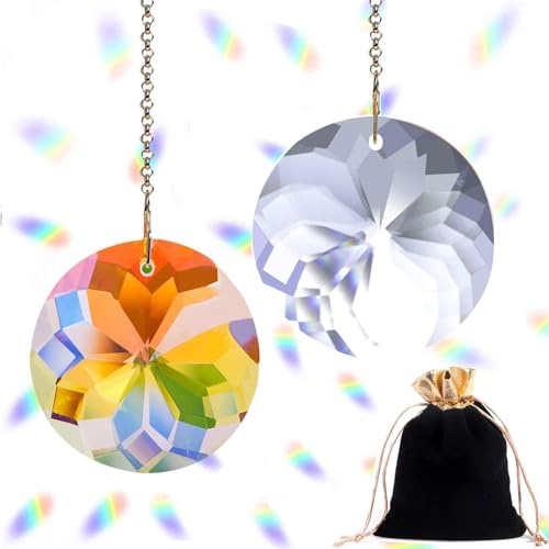 2pcs Crystal Ball Prism Suncatcher Window Hanging Glass Rainbow Sun Catcher Crystal Prism Suncatcher Ornament For Home Office, Garden Decoration Car Pendant (Colorful + Clear)