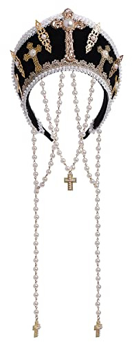 Renaissance médiévale Tudor Queen Coiffe pour femme Anne Boleyn Bandeau Royal Coronet élisabéthain Capuche Tiara Chapeau(noir)