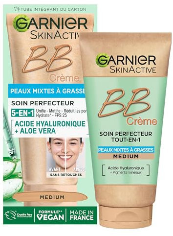 GARNIER Skin Active - BB Crème - Soin Perfecteur Tout-En-1 - Unifie, Matifie & Hydrate - FPS 25 - Acide Hyaluronique & Aloe Vera - Vegan & Cruelty Free - Peaux Mixtes à Grasses - Teinte Medium - 50 ml