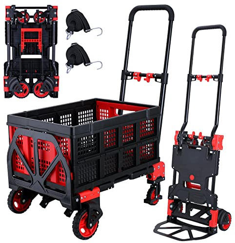 2-in-1Hand Truck Dolly Foldable with Folding Basket,330LBS Capacity Handtruck,Hand Truck Foldable Dolly with 4 Wheels,Dolly Cart with Retractable Handle,Folding Hand Cart for Moving