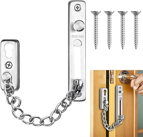 Catena per porta di sicurezza, Blocco Catena Porta, Catena per Porta in Acciaio inox 304, Catena di Sicurezza per Porte con Viti, Proteggi la Sicurezza Residenziale (Argento)