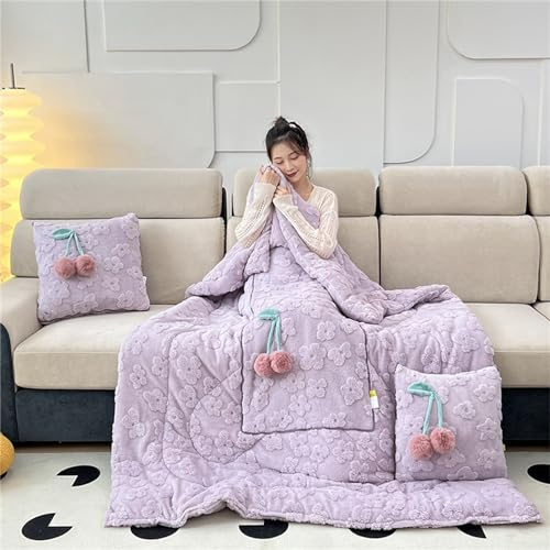 Hixingo Reisedecke und Kissen 2 in 1, Reisedecke mit Kissen Set Multifunktionale Reise Decke und Kissen 2 in 1 Weichem Flugzeug Verwandlungskissen für Urlaub, Camping (50 * 50cm,Hellviolett)