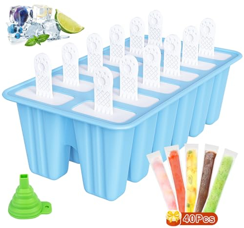 12 Cavidades Moldes de Helado, 40 Piezas Bolsas para Helados, Moldes para Hacer Helados Reutilizable, Molde de Paleta de Silicona Sin Bpa, Moldes para Polos con Plegable Embudo Popsicle Mold