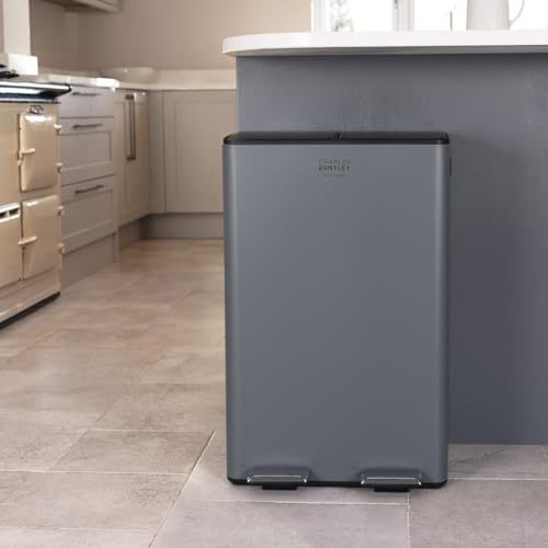 CHARLES BENTLEY Kitchen Bin, 60 Litre, Double Compartment, Grey, Kitchen Bin, Rubbish Bin, Bins for Kitchen Waste, Pedal Bin, Double Bin, Recycling Bins for Kitchen, Pedal Function (71x45x36cm)
