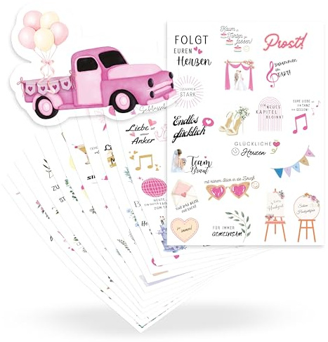 ECCK Sticker Hochzeit Gästebuch (12 DIN A5 Bögen), Hochzeitssticker Set mit Aufkleber Hochzeit für Gästebuch, Tischkarten, Scrapbook & Fotoalbum mit Liebe, Vintage & Herz-Motiven auf Deutsch