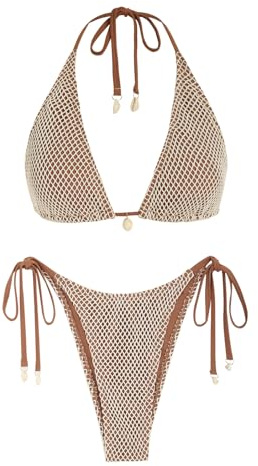 ZAFUL Damen Triangle-Bikini-Set mit Fischnetz – Multiway Neckholder/Bandeau Tie-Side Sexy Cheeky Zweiteiliger Badeanzug Bademode