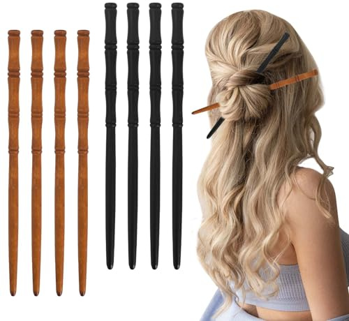 8 Stück Holz Haarstäbchen, Bambus Form Haarhalter Vintage Haarnadel Haarschmuck für Frauen Haar DIY Zubehör (Braun+Schwarz)