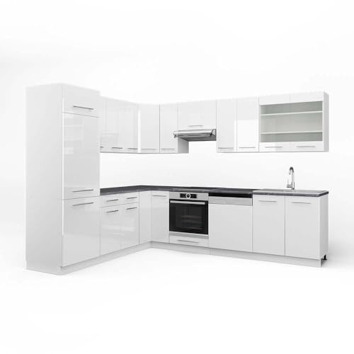 Vicco Eckküche Fame-Line, Weiß Hochglanz/Weiß, 287 x 227 cm | 14 Module · Höhenverstellbare Füße · AP Anthrazit inkl. · MDF-Fronten · Softclose · Metallgriffe
