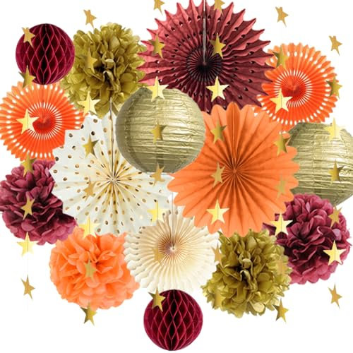 Decorazioni per feste autunnali Arancione Borgogna Oro Carta Pom Poms Ventagli di carta Lanterne di carta Oro Satr Ghirlanda Banner per Autunno Raccolto Compleanno Ringraziamento Forniture per feste