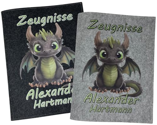Zeugnismappe mit Namen - Mädchen und Jungen - Personalisiert Filz A4 Drache Grün - Dokumenten Urkunden Mappe Kinder - Hefter Zeugnisse - Sichtbuch Grundschule
