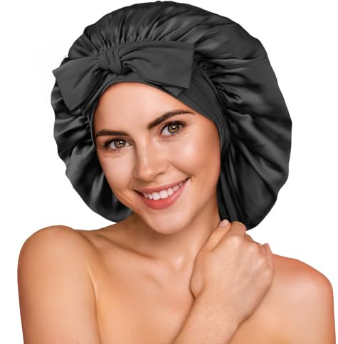 Umisleep 100% 22 Momme de Mûrier Bonnet Soie Cheveux Nuit pour Dormir, Bonnet de Nuit Doux en Soie Double Couche pour Cheveux Frisés, Respirant, Large Bande Ajustable pour Attacher à la Tête, Noir