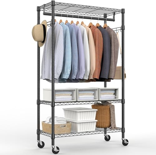 M MZG Heavy Duty Rolling Garment Rack 3 Tiers Adjustable Wire Shelving Clothes Rack with Rods and Side Hooks,Storage Closet Clothing Rack with Wheels Black 15.7 D x 29.5 W x 74.5 H