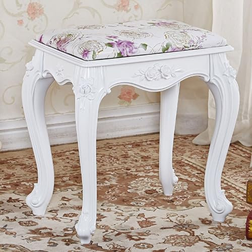 European Style Vanity Stool with Beautifully Carved ABS Wood Legs for Bedroom and Bathroom Makeup Stool in Purple Flowers Velvet White Square Seat