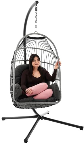 di volio Hängesessel mit Gestell Öko-Rattan klappbar Outdoor faltbar Beluno | 16 cm Sitzkissen, verzinkter Stahlrahmen, Olefin-Seil, bis 150 kg belastbar, abnehmbarer Bezug, platzsparend