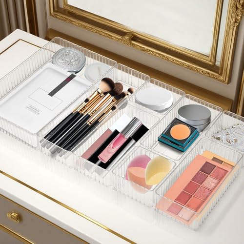 YEXEXINM 10 Stück Transparent Schubladen Organizer Stapelbares Acryl-Schubladen-Organizer-Set Antirutsch Schubladen Ordnungssystem für Makeup Kosmetik Schminktisch Küche Badezimmer Büro