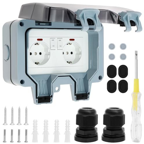 2-Fach Außensteckdose Steckdose IP66 Wetterfest Outdoor Wandsteckdose 16A Aussensteckdose Aufputz mit Schalter und Teststift Schutzkontaktsteckdose für Garten Außenbereich Feuchträume (Grau)