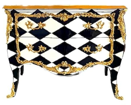 Comò in stile barocco francese, 120 cm di larghezza, con comodino realizzato a mano in ottone dorato con motivo a rombi e due cassetti per la decorazione della camera da letto.