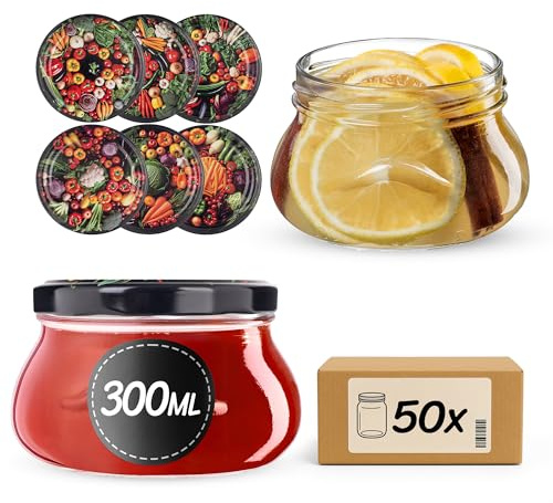 KADAX Lot de 50 bocaux en verre 300ml Ø82 – Couvercle Twist-Off hermétique TO82 – Pour confitures, conserves, cornichons, miel & fermentation