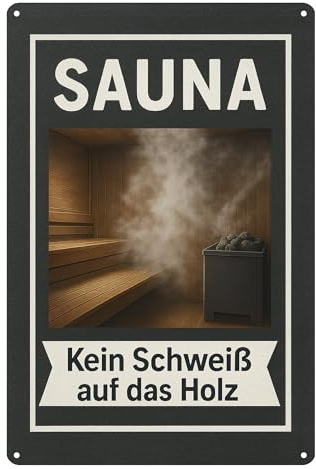AstraDesign Blechschild „Sauna – Kein Schweiß auf das Holz“ 20x30 cm, Schwarz/Braun – vorgebohrte Löcher – Hinweisschild für Sauna, Wellnessbereich, Spa – langlebig & dekorativ
