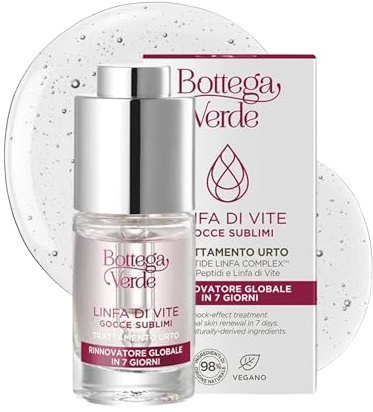 Bottega Verde – Gocce Sublimi Linfa di Vite, Trattamento Urto Viso 10 ml, Azione Rinnovatrice in 7 Giorni con Peptidi, Linfa di Vite, Acido Ialuronico e Filmexel, per Pelli Spente o Stanche