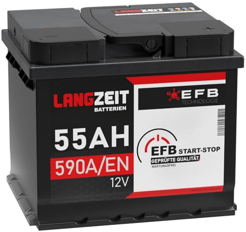 LANGZEIT EFB Batterie 12V 55Ah 590A/EN Start Stop Autobatterie ersetzt 50Ah