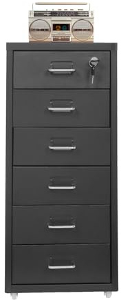 MRFIOJYDR 6 Drawer File Cabinet with Lock, Vertical Metal Filing Storage Cabinet with Wheels for A4 Legal/Letter Size, 27 Deep Narrow File Cabinet Name Card Holder for Home Office, Black