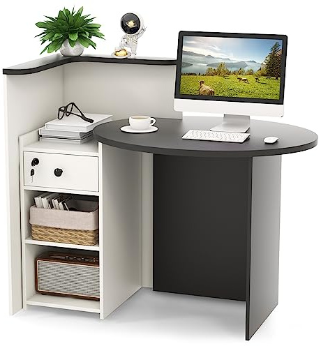 COSTWAY Comptoir Caisse avec Tiroir Verrouillable, Petit Accueil Comptoir pour Vente, Plateau Ovale, Étagère Réglable, Bureau de Reception pour Hôtel, Boutique, 120 x 70 x 100 cm (Noir)