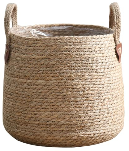 Licsaliwe vävd växtkorg 25 x 28 cm, naturlig rottingkorg planterare med handtag, krukväxtkorgar för inomhusväxter dekor