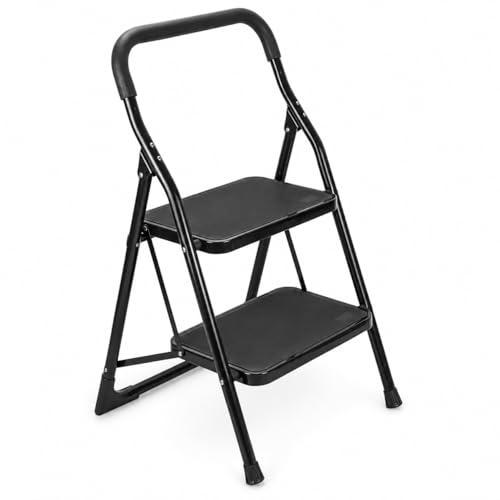 Anikees 2 Step Ladder – Foldable Steel Step Stool with Anti-Slip Tread, Heavy Duty Safety Stepladder for Home & Kitchen Use (Black)