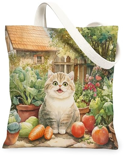 Spring Exotic Shorthair Cat Gardening Canvas Tote Bag for Shopping 13x15, Kitten Farmhouse Country Reusable Grocery Print Pattern Bag for Women, Planting Aesthetic Painting Gift Decor